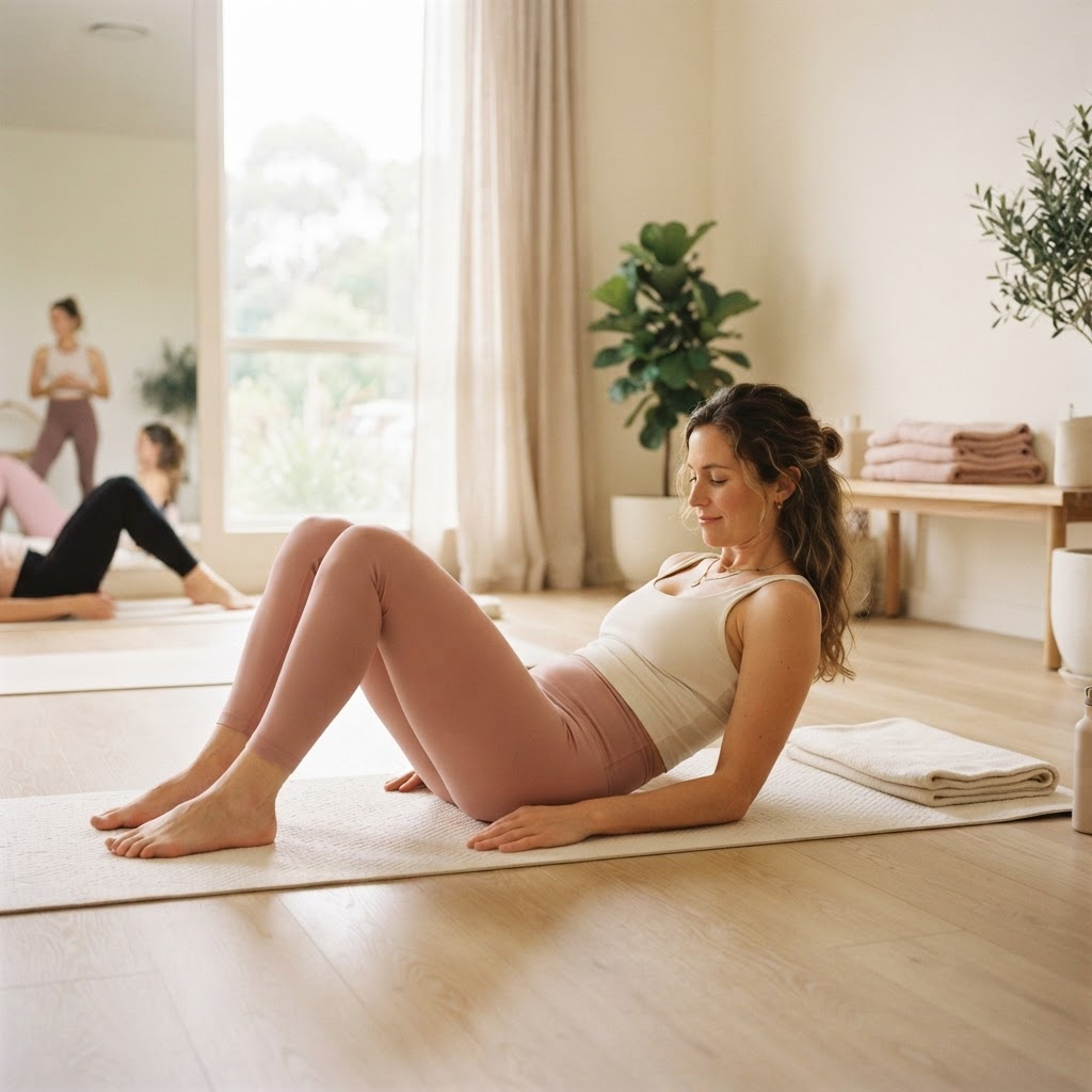 A mother doing core-focused postpartum Pilates on a mat